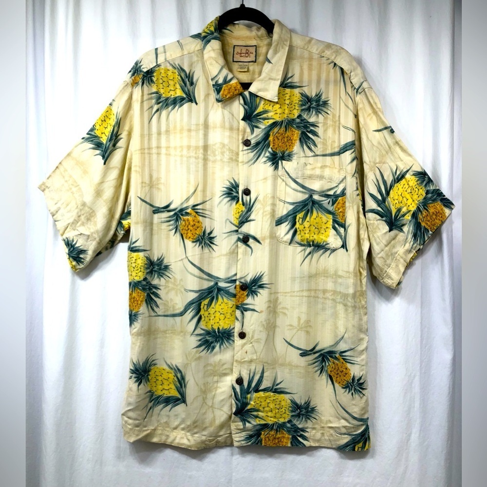 Linguine and Bob Hawaiian Shirt Mens Large Button Up Shirt Yellow Pineapples